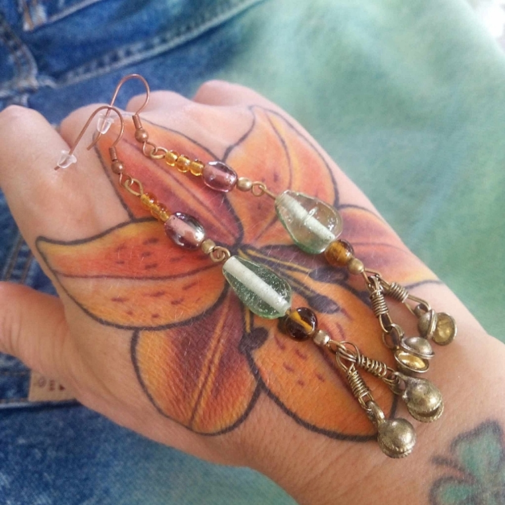 ❤ Artisan Glass Gyspy Duster 4" long Brass Bronze Earrings